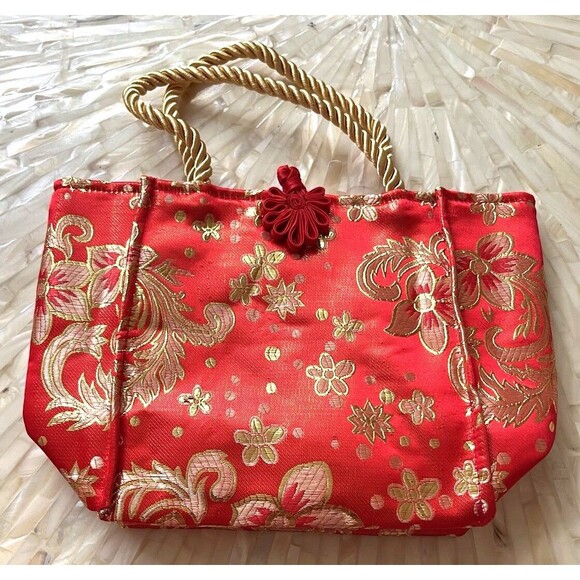 Chinese Bag Small Tote Red Gold Floral New Year Evening Purse Double Handle New - Picture 3 of 5